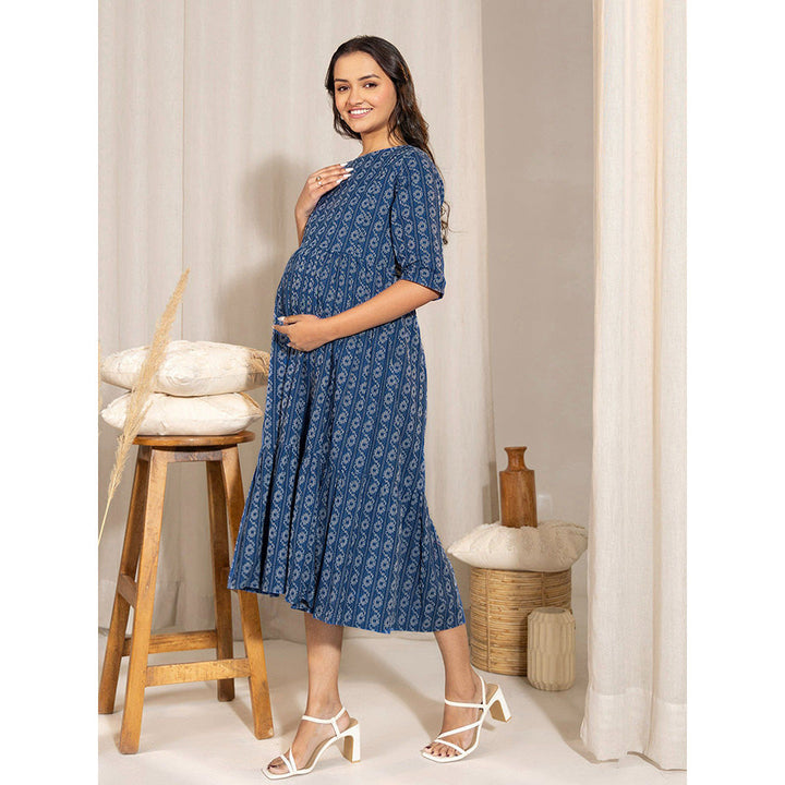 Janasya Womens Blue Cotton Woven Flared Maternity Dress