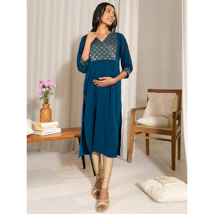 Janasya Womens Teal Blue Crepe Yoke Foil Printed Straight Maternity Kurta