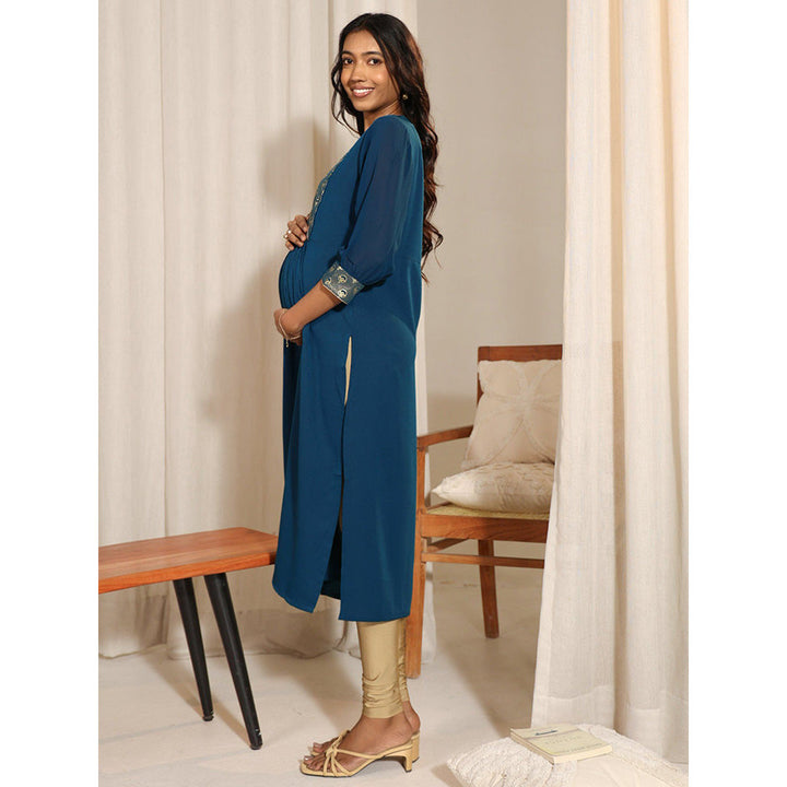 Janasya Womens Teal Blue Crepe Yoke Foil Printed Straight Maternity Kurta