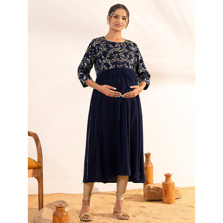 Janasya Womens Navy Blue Georgette Yoke Foil Printed A Line Maternity Kurta