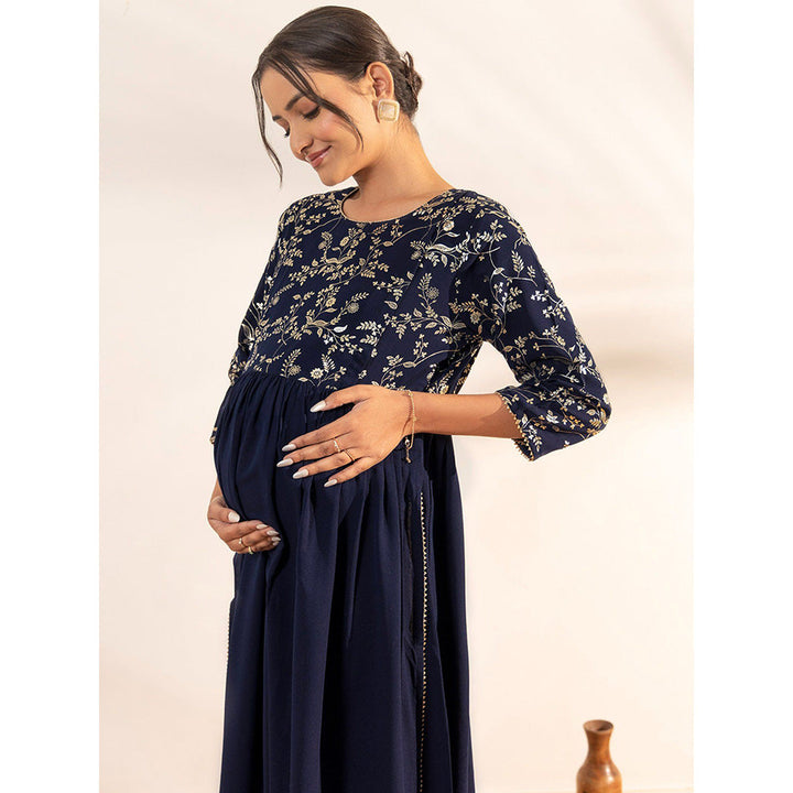 Janasya Womens Navy Blue Georgette Yoke Foil Printed A Line Maternity Kurta