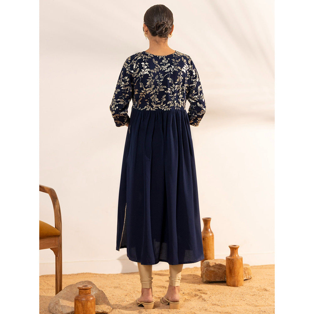 Janasya Womens Navy Blue Georgette Yoke Foil Printed A Line Maternity Kurta