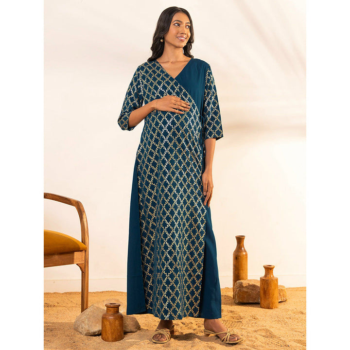 Janasya Womens Green Crepe Foil Printed Angrakha Maternity Kurta