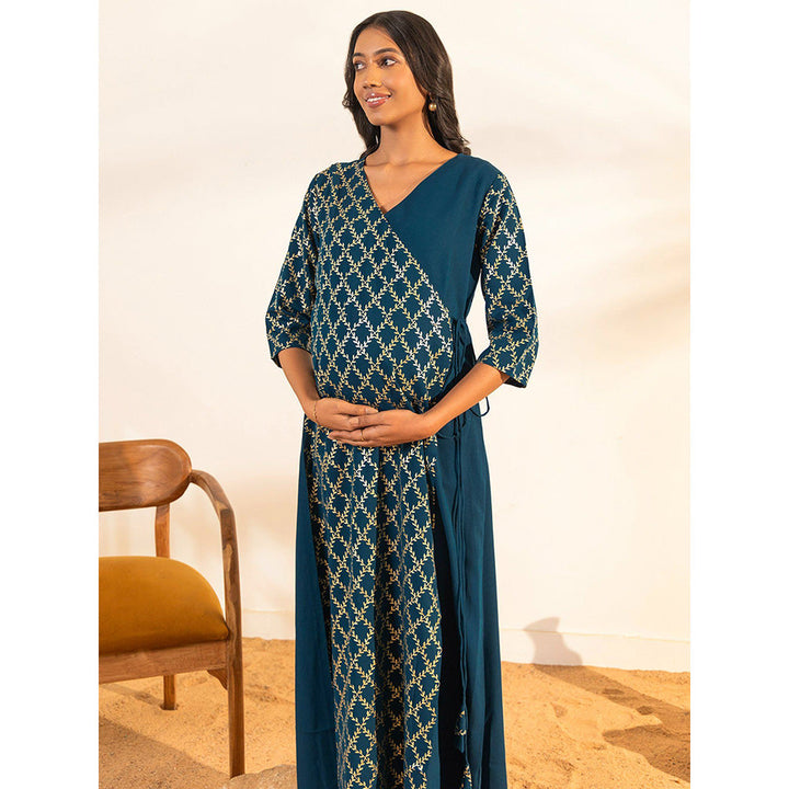 Janasya Womens Green Crepe Foil Printed Angrakha Maternity Kurta