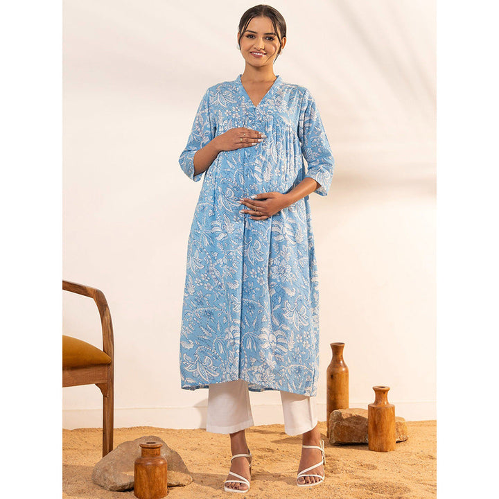 Janasya Womens Sky Blue Cotton Floral Printed A-Line Maternity Kurta