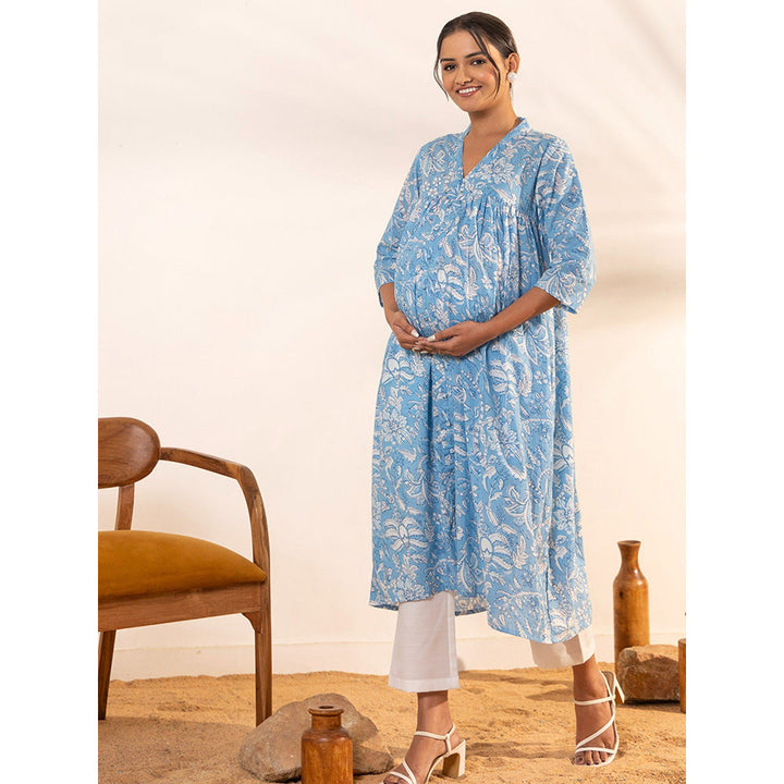 Janasya Womens Sky Blue Cotton Floral Printed A-Line Maternity Kurta