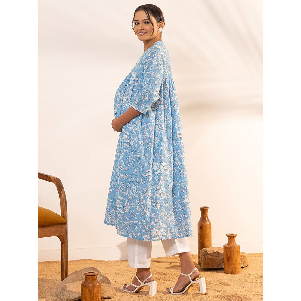 Janasya Womens Sky Blue Cotton Floral Printed A-Line Maternity Kurta