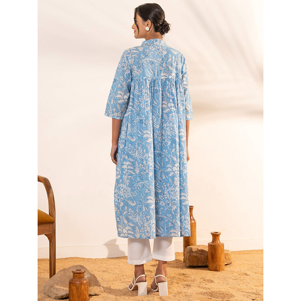 Janasya Womens Sky Blue Cotton Floral Printed A-Line Maternity Kurta