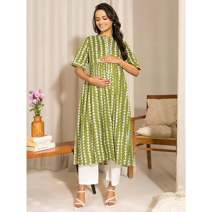 Janasya Womens Green Cotton Block Printed Gathered Maternity Kurta