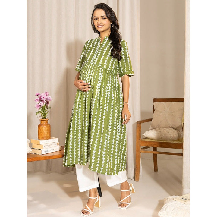 Janasya Womens Green Cotton Block Printed Gathered Maternity Kurta