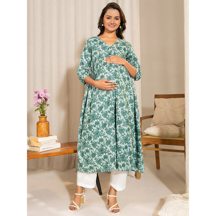 Janasya Womens Sage Green Cotton Floral Printed A-Line Maternity Kurta