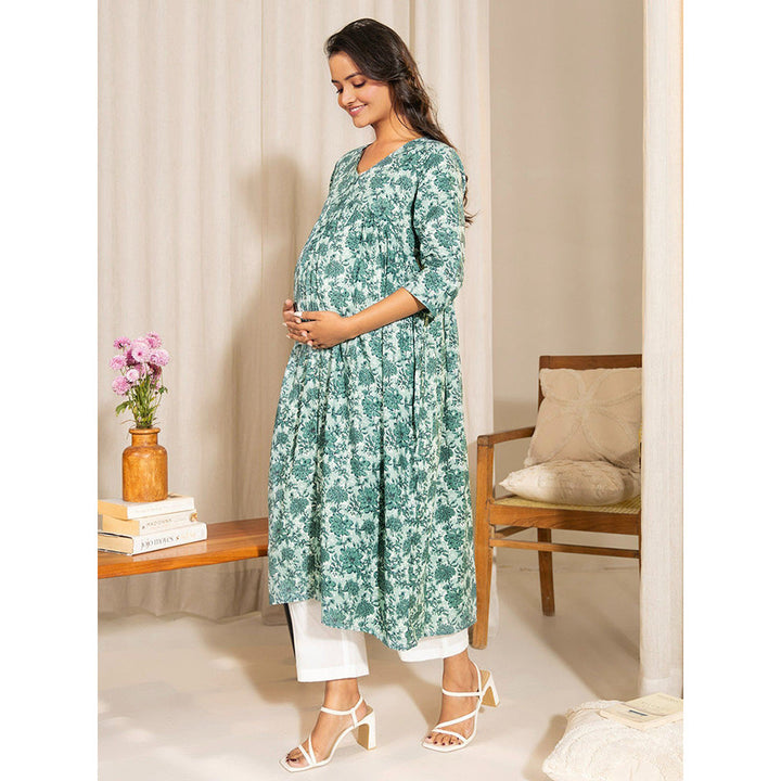 Janasya Womens Sage Green Cotton Floral Printed A-Line Maternity Kurta