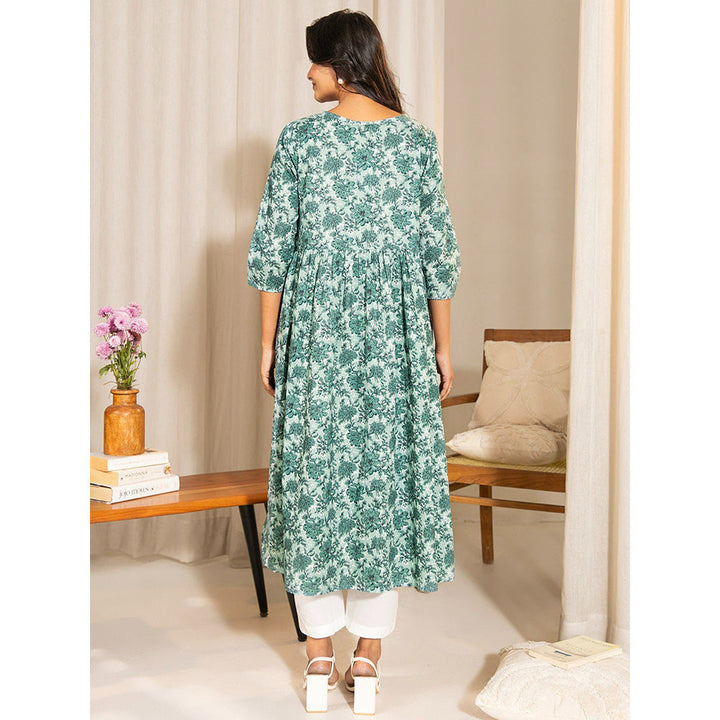 Janasya Womens Sage Green Cotton Floral Printed A-Line Maternity Kurta