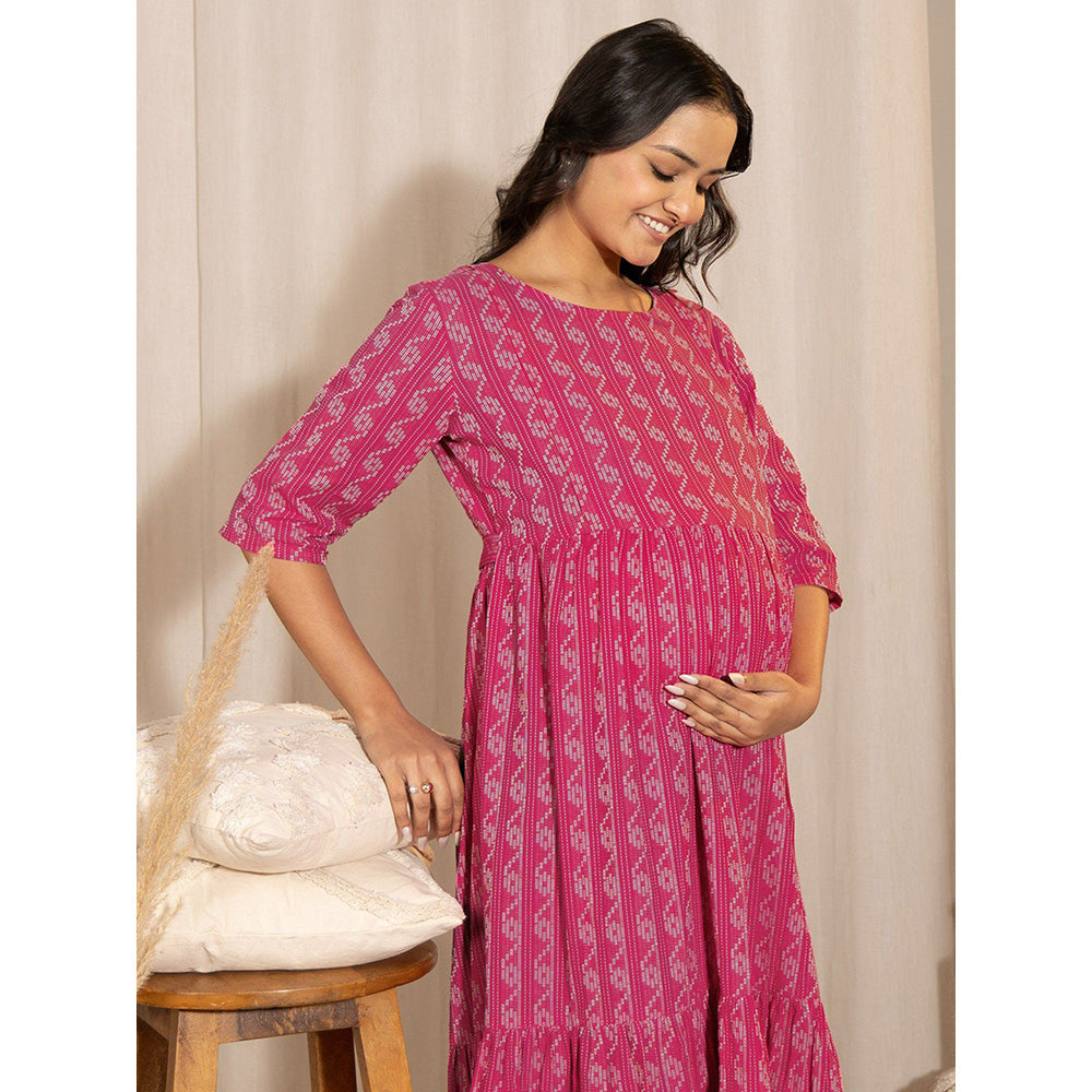 Janasya Womens Pink Cotton Woven Design Tiered Maternity Dress