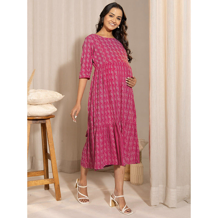 Janasya Womens Pink Cotton Woven Design Tiered Maternity Dress