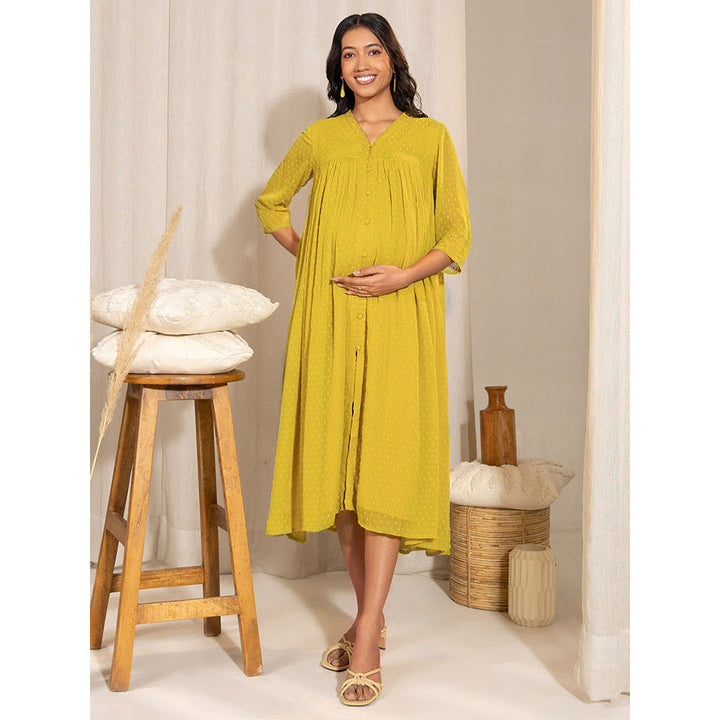 Janasya Womens Yellow Dobby Georgette Self Design Front Slit Maternity Dress