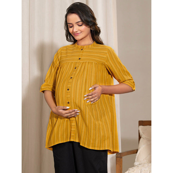 Janasya Womens Mustard Cotton Woven Design A- Line Maternity Tunic