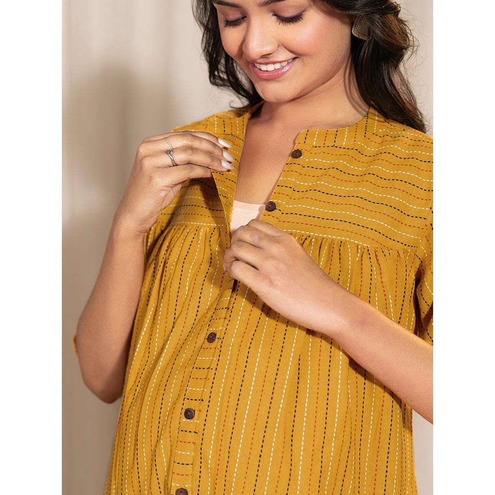 Janasya Womens Mustard Cotton Woven Design A- Line Maternity Tunic