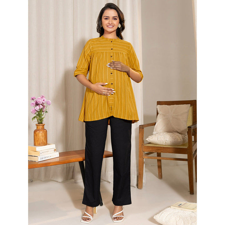 Janasya Womens Mustard Cotton Woven Design A- Line Maternity Tunic