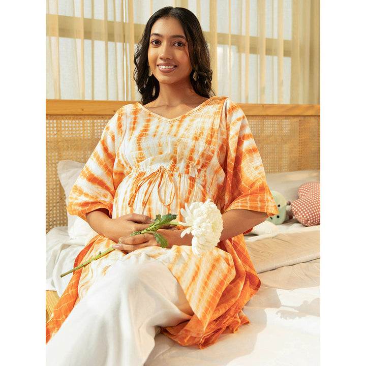 Janasya Womens Orange Cotton Tie Dyed Maternity Kaftan Tunic