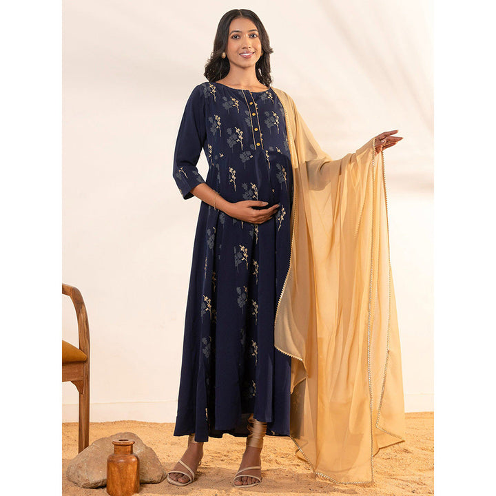 Janasya Womens Navy Blue Crepe Floral Printed Kurta and Dupatta (Set of 2)