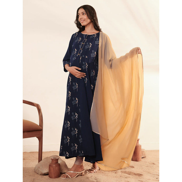 Janasya Womens Navy Blue Crepe Floral Printed Kurta and Dupatta (Set of 2)