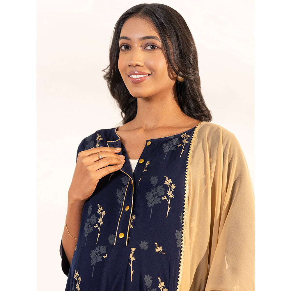 Janasya Womens Navy Blue Crepe Floral Printed Kurta and Dupatta (Set of 2)