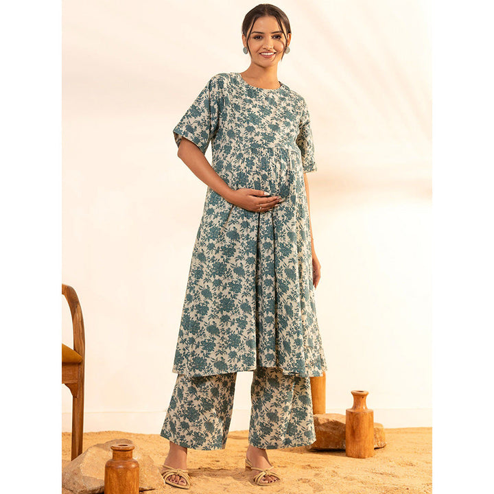 Janasya Womens Blue Cotton Floral Printed Kurta with Palazzo (Set of 2)