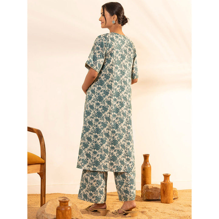 Janasya Womens Blue Cotton Floral Printed Kurta with Palazzo (Set of 2)