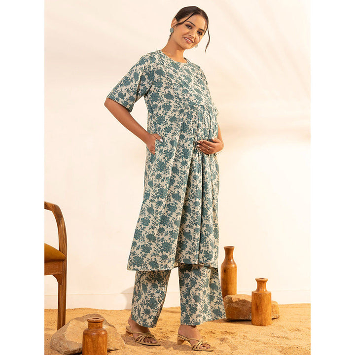 Janasya Womens Blue Cotton Floral Printed Kurta with Palazzo (Set of 2)