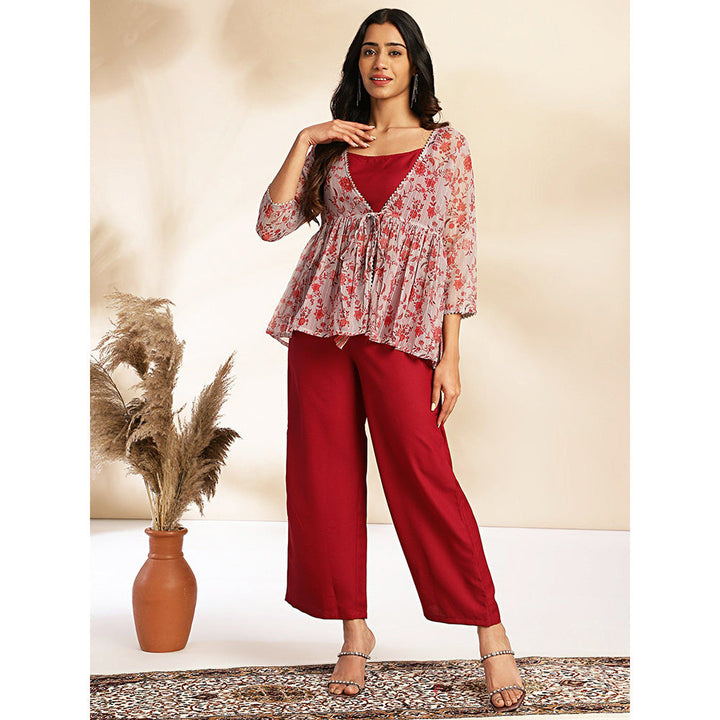 Janasya Womens Red Moss Solid Crop Top with Pants and Jacket (Set of 3)