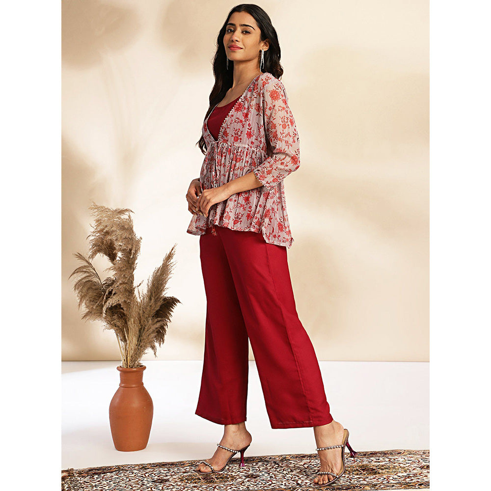 Janasya Womens Red Moss Solid Crop Top with Pants and Jacket (Set of 3)