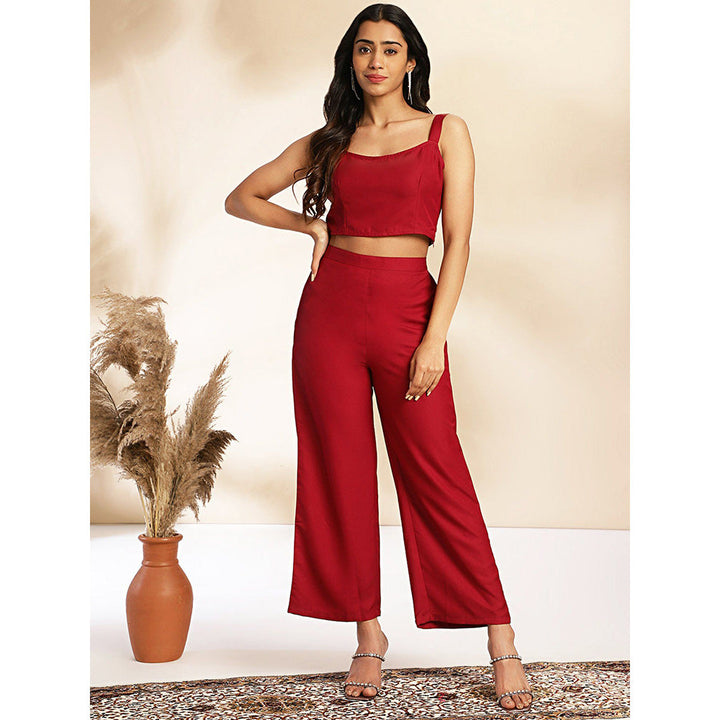 Janasya Womens Red Moss Solid Crop Top with Pants and Jacket (Set of 3)