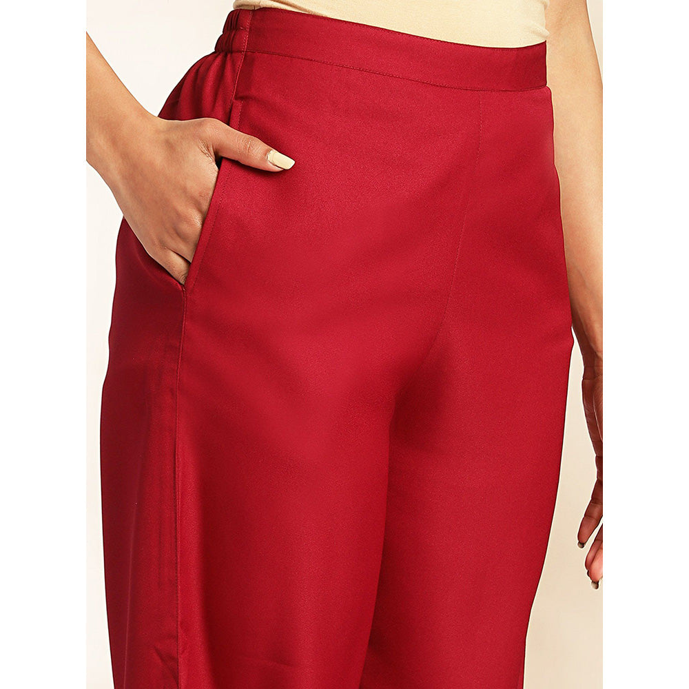 Janasya Womens Red Moss Solid Crop Top with Pants and Jacket (Set of 3)