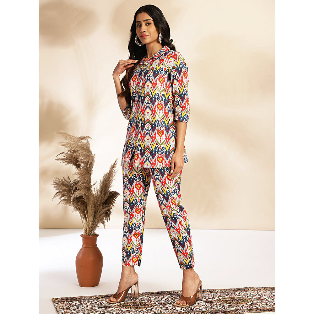 Janasya Womens Multicolor Cotton Ikat Printed Co-Ord (Set of 2)