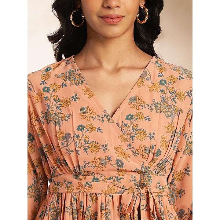 Janasya Womens Peach Georgette Floral Fit & Flare Dress