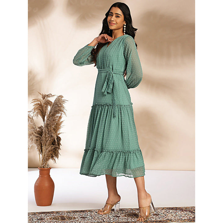 Janasya Womens Sage Dobby Chiffon Solid Tiered Dress (Set of 2)