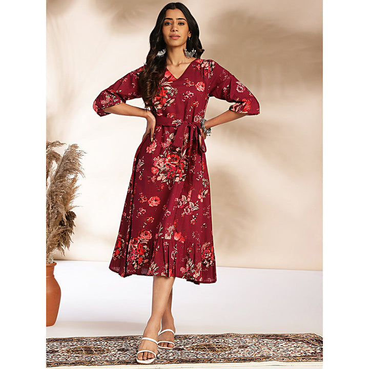 Janasya Womens Red Cotton Floral A-Line Dress