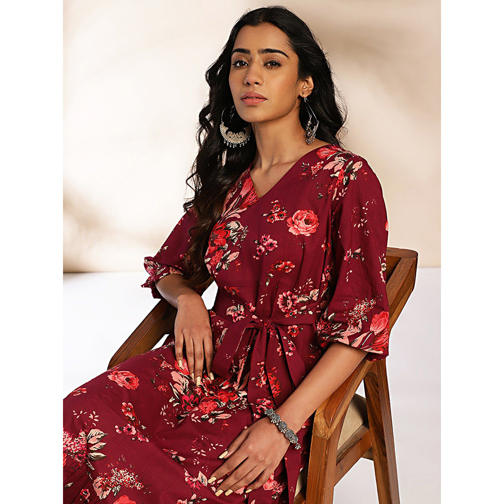 Janasya Womens Red Cotton Floral A-Line Dress