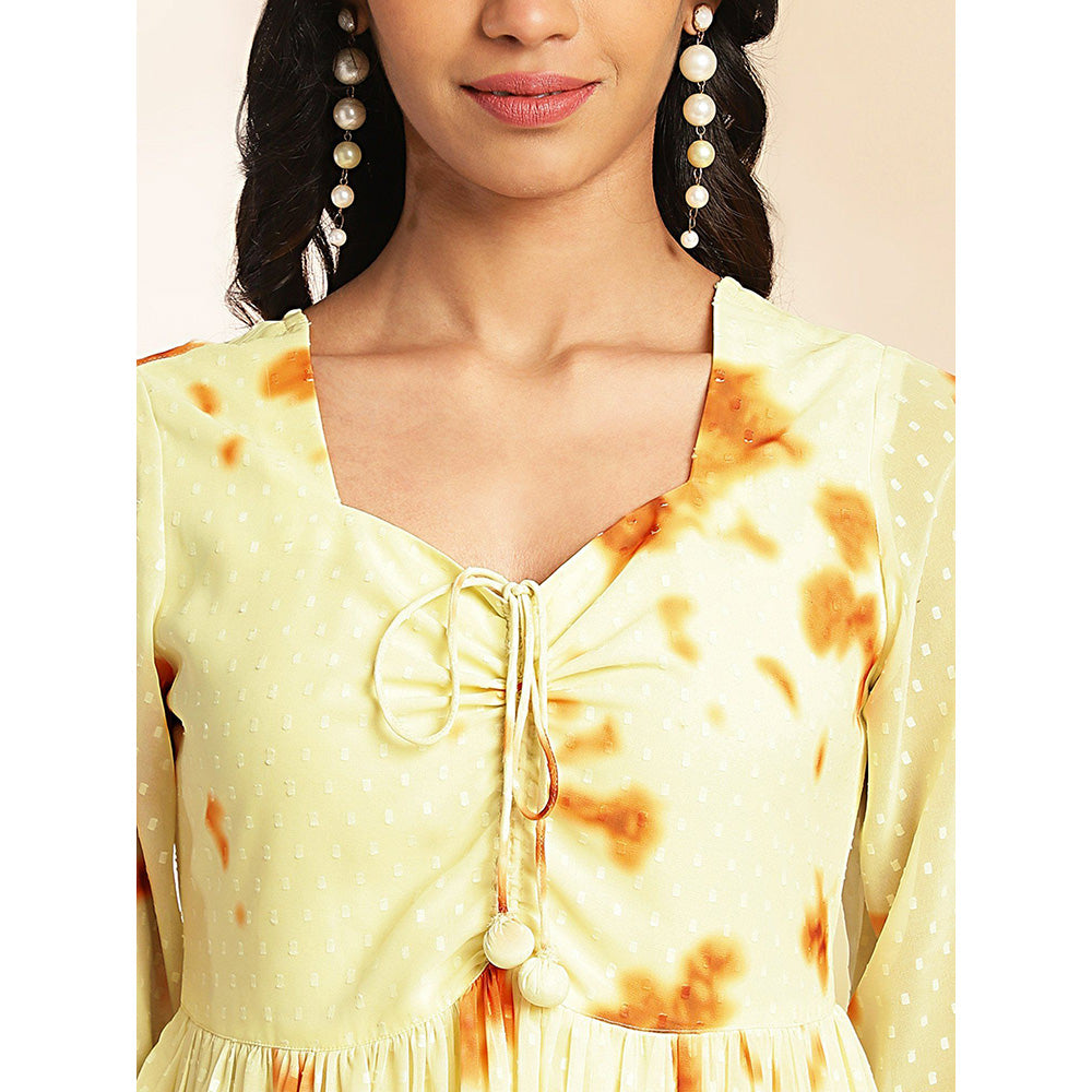 Janasya Womens Yellow Dobby Georgette Tie & Dye Fit and Flare Dress