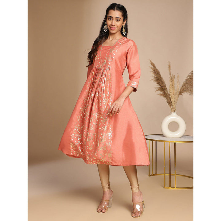 Janasya Womens Peach Silk Crepe Floral Panelled Dress