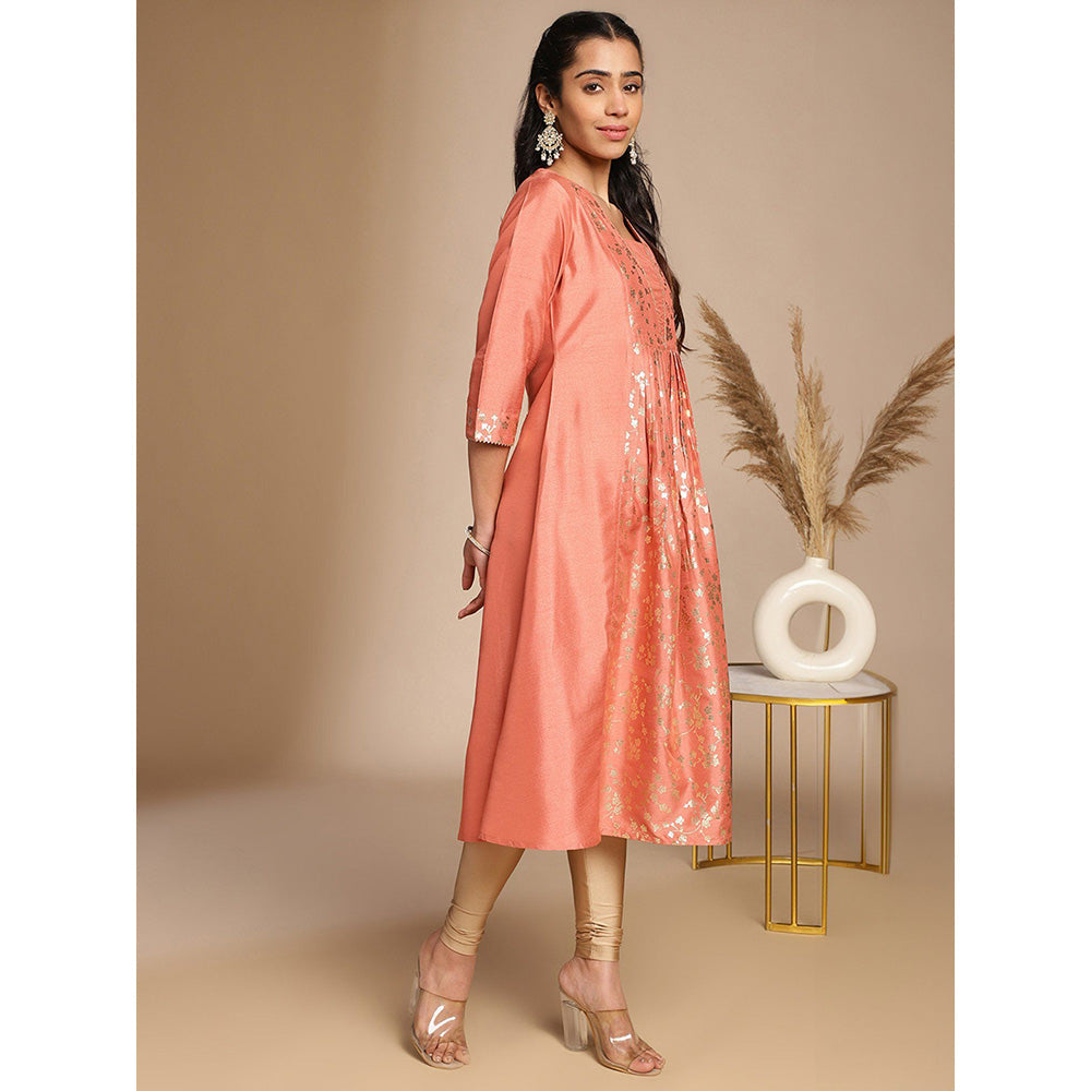 Janasya Womens Peach Silk Crepe Floral Panelled Dress