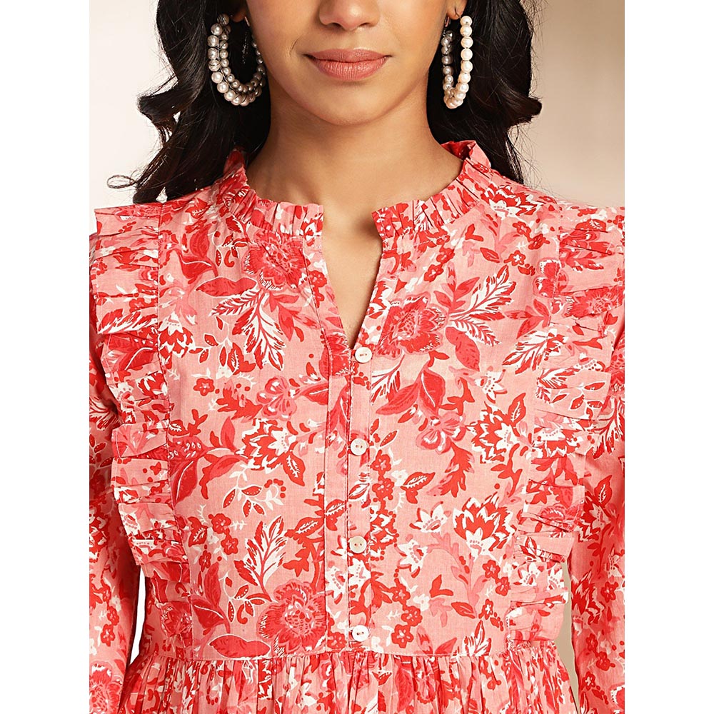 Janasya Womens Red Cotton Floral Fit Flare Dress