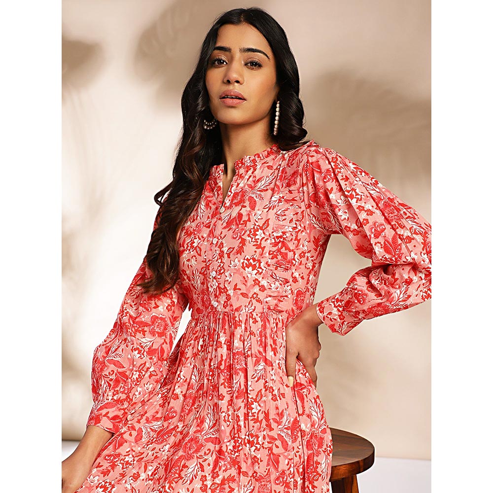 Janasya Womens Red Cotton Floral Fit Flare Dress