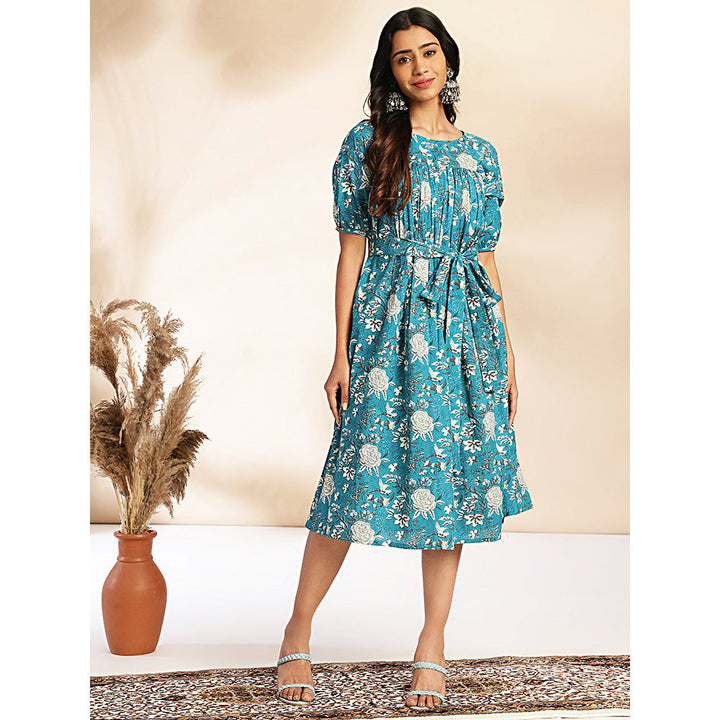 Janasya Womens Blue Cotton Floral Empire Dress