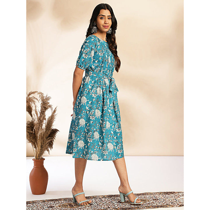 Janasya Womens Blue Cotton Floral Empire Dress