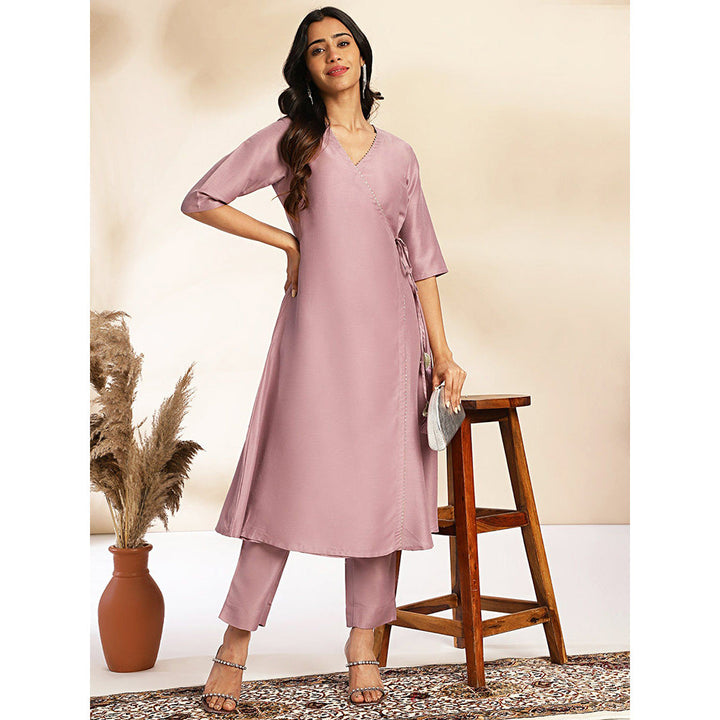 Janasya Womens Lavender Chinnon Solid Wrap Kurta with Pants (Set of 2)