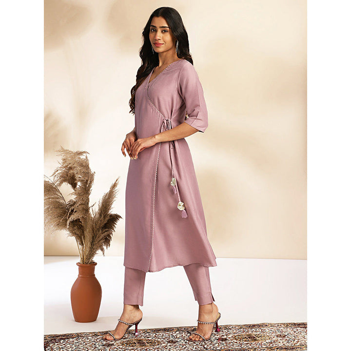 Janasya Womens Lavender Chinnon Solid Wrap Kurta with Pants (Set of 2)