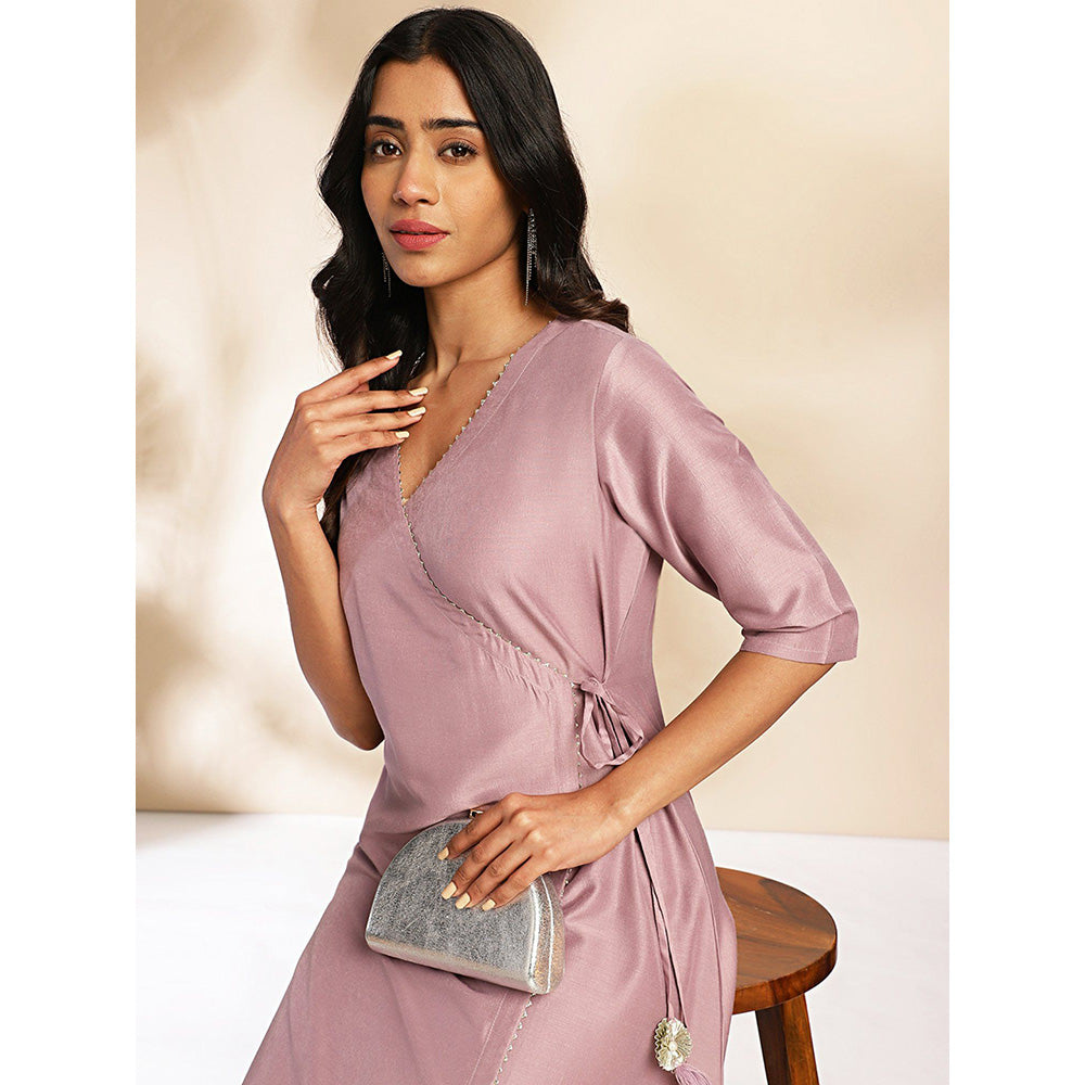 Janasya Womens Lavender Chinnon Solid Wrap Kurta with Pants (Set of 2)