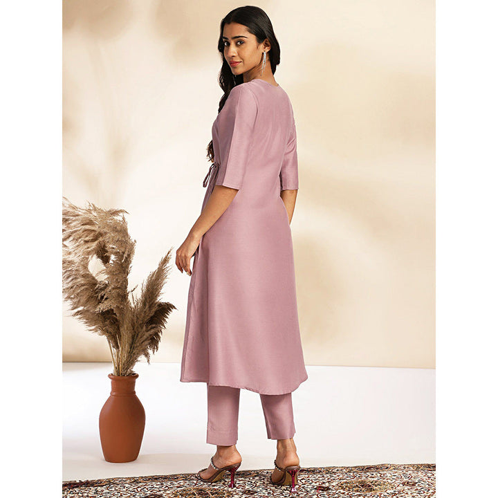 Janasya Womens Lavender Chinnon Solid Wrap Kurta with Pants (Set of 2)